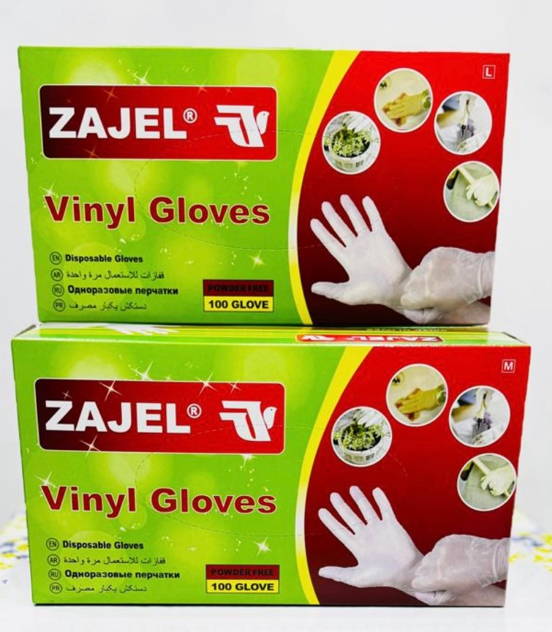 دستکش وینل بدون پودر زاجل بسته ۱۰۰ عددی